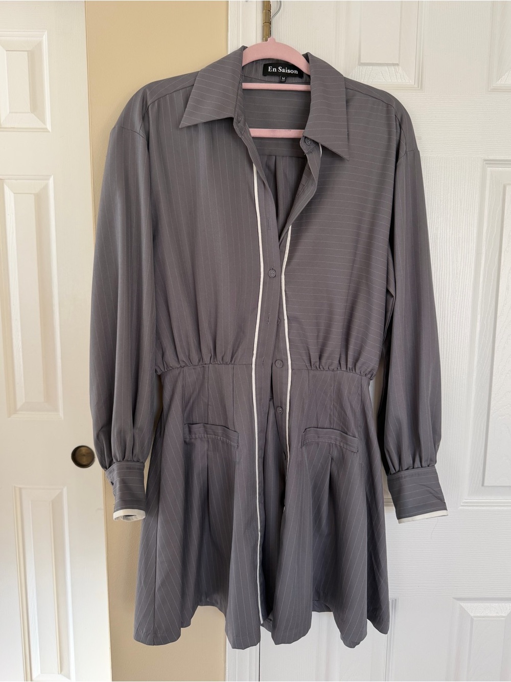 En Saison Gray Pinstripe Long-Sleeve Shirt Dress with Elastic Waist